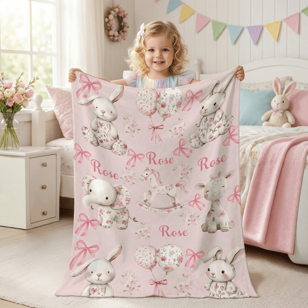 Personalized Floral Bunny Elephant Pink Bow Soft Throw Blanket with Name Nursery Decor Easter Birthday Gift for Kids Girls