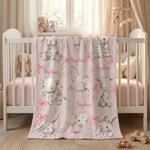 Personalized Floral Bunny Elephant Pink Bow Soft Throw Blanket with Name Nursery Decor Easter Birthday Gift for Kids Girls
