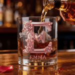 Personalised Rose Love Initial 10 oz Rock Whiskey Glass with Name Mother's Day Birthday Gift for Woman Whiskey  Drinker Bartender