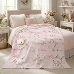 Personalized Floral Bunny Elephant Pink Bow Soft Throw Blanket with Name Nursery Decor Easter Birthday Gift for Kids Girls