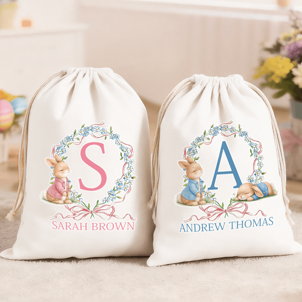 Gepersonaliseerde Peter Konijn strik krans Drawstring Canvas Gift Bag met naam en initial dagelijkse opslag Pasen Gift voor jongens meisjes