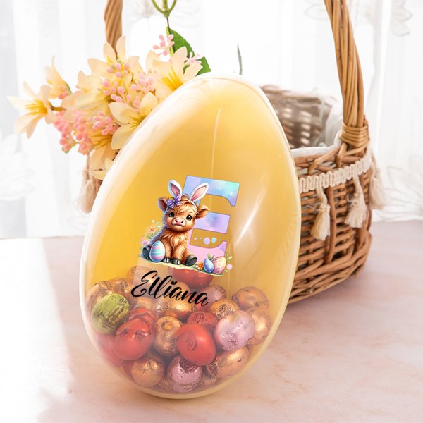 Personifierad söt Highland Cow Initial Fyllbart Jumbo påskägg med namn Påskäggsjakt Partygåva för barn