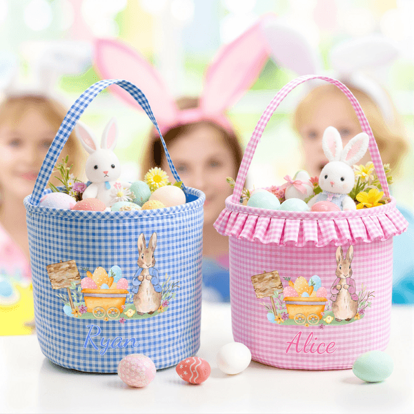 Personalisierte Cute Bunny Plaid Osterkorb mit Namen und Rüschen Eier Jagd Party Ostergeschenk für Kinder