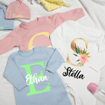 Personalised Initial Floral Design Name 100% Cotton Baby Romper Hat Blanket Outfit with Gift Box Baby Shower  Coming Home Gift for Newborn