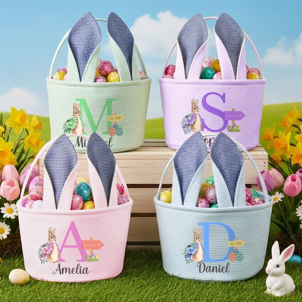 Cesta de Pascua personalizada a rayas con orejas de conejo nombre e inicial regalo para la búsqueda de huevos de Pascua para niños