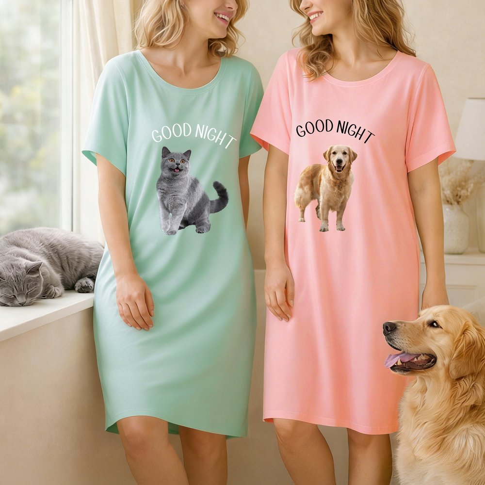 Henkilökohtainen Monivärinen Pet Photo Pehmeä lyhythihainen Sleepshirt yöpaita teksti päivittäinen kuluminen syntymäpäivälahja isoäiti äiti nainen lemmikkieläinten rakastaja 1