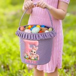 Personalisierte niedliche Osterhase anfängliche Blume große Kapazität karierten Osterkorb mit Namen Eier Jagd Party Gunst Ostern Geschenk für Jungen Mädchen
