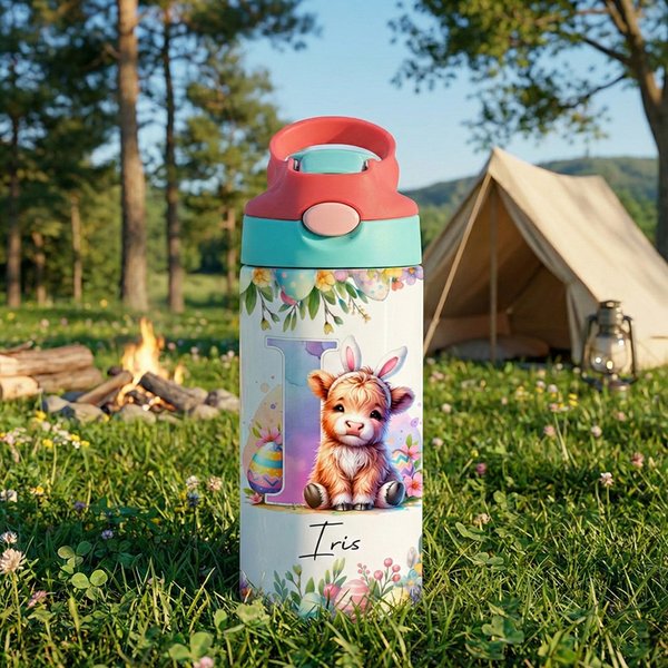 Henkilökohtainen pääsiäiskani korvat Highland Cow 12 oz eristetty Kid vesipullo nimi ja olki takaisin kouluun syntymäpäivälahja pojille tytöille