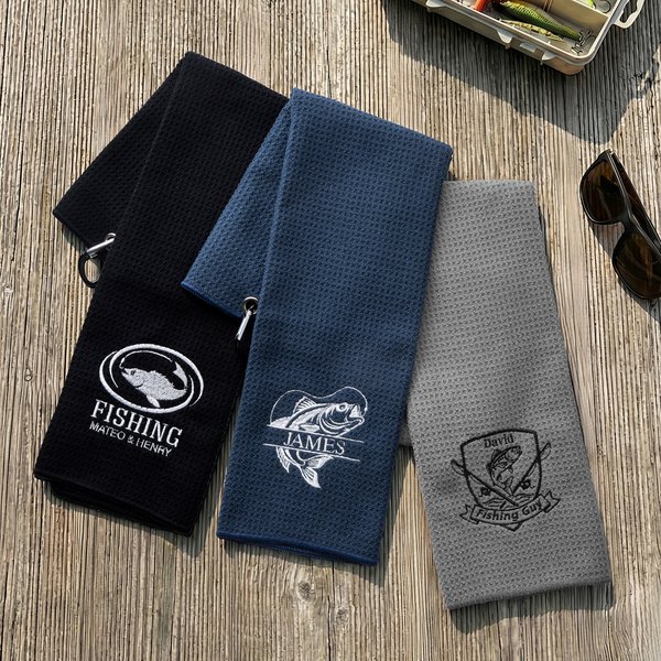Personalized Fishing Theme Monogram Embroidery Waffle Towel with Name and Hanging Clip Birthday Anniversary Gift for Men Fishing Enthusiasts