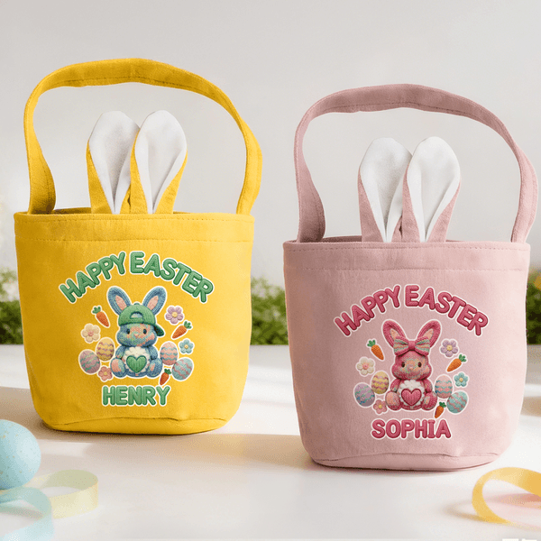 Personalized Happy Easter Knitted Style Peter Rabbit Basket with Name Daily Storage Easter Gift for Boys Girls