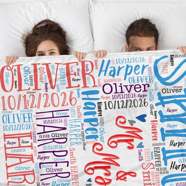 Couverture polaire personnalisée avec nuage de mots multicolores Cadeau de Saint Valentin pour couple