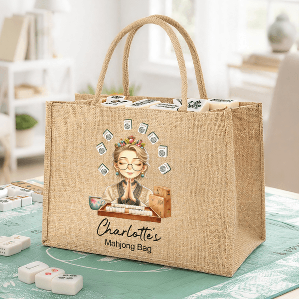 Sac en jute de grande capacité avec nom Cadeau pour la famille, les amis et les amateurs de Mahjong