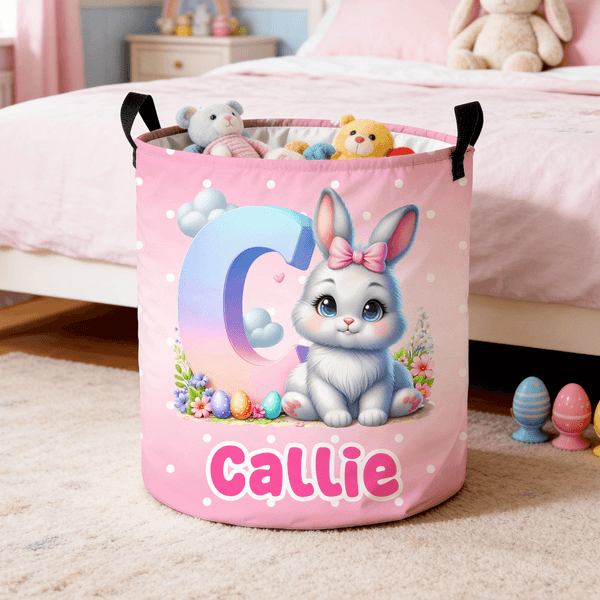 Personlig Polka Dot Easter Bunny Stor vattentät namninitial tvättförvaringskorg med handtag födelsedag inflyttningspresent för barn