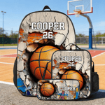 Personalized Basketball Baseball Crack Wall Backpack Lunch Bag Pencil Case Set with Name and Number Back to School Team Day Birthday Gift for Kids