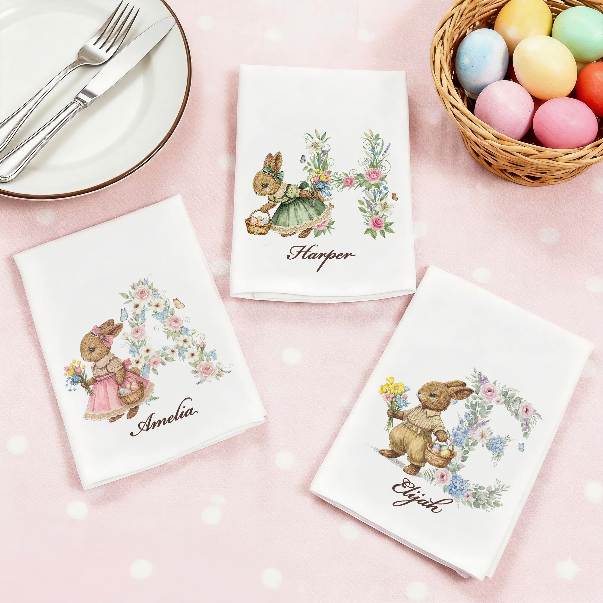 Personalisierte Serviette im Retro-Design aus 100% Baumwolle mit Namen und Hasenmotiv Tischdeko Ostern Geschenk für Kinder Familie