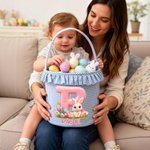 Personalisierte niedliche Osterhase anfängliche Blume große Kapazität karierten Osterkorb mit Namen Eier Jagd Party Gunst Ostern Geschenk für Jungen Mädchen