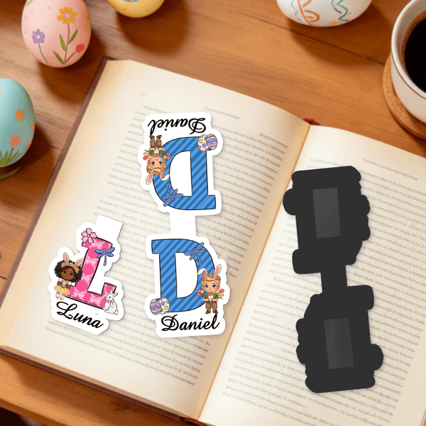 Personalised Cartoon Character Easter Magnetic Bookmark Clip with Name and Initial Easter Birthday Gift for Kids Bookworms