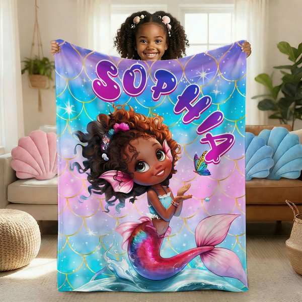 Personalized Fantasy Mermaid Soft Throw Blanket with Name Home Decor Birthday Gift for Black Girl Mermaid Lover