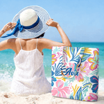Personalisierte Canvas-Strandtasche mit tropische Blumenmuster und Namen | für Alltag und Reise | Geburtstag Geschenk für Frauen und Mädchen