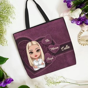 Sac fourre-tout personnalisé avec 1 à 8 noms et personnage de dessin animé - Cadeau d’anniversaire fête des Mères pour femmes