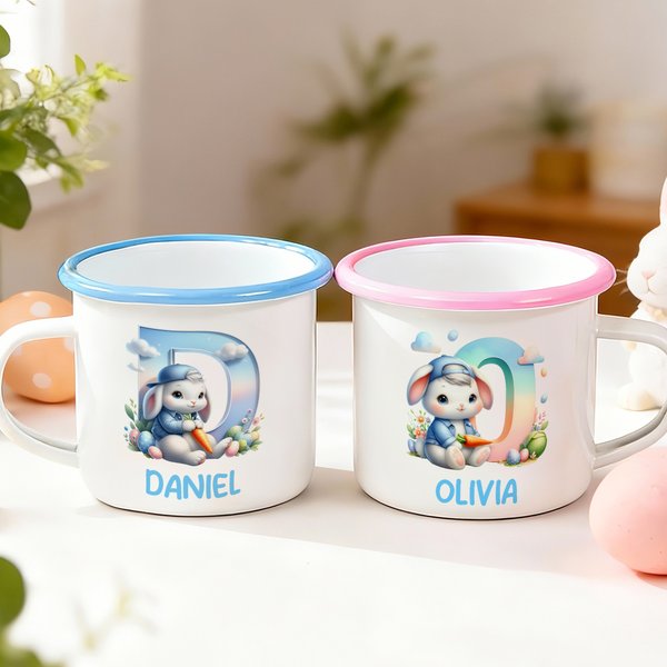 Taza esmaltada multicolor personalizada con la inicial del conejito y el nombre para uso diario Regalo de Pascua para niños y niñas