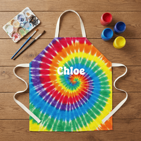 Personligt färgglatt Tie-Dye Art Kid Adult Painting Baking Apron med namn och framficka DIY Party Födelsedagspresent för barnfamilj