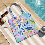 Personalisierte Canvas-Strandtasche mit tropische Blumenmuster und Namen | für Alltag und Reise | Geburtstag Geschenk für Frauen und Mädchen