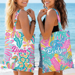Personalisierte Canvas-Strandtasche mit tropische Blumenmuster und Namen | für Alltag und Reise | Geburtstag Geschenk für Frauen und Mädchen