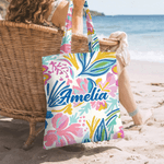 Personalised Tropical Flower Canvas Tote Bag with Name Daily Use Travel Birthday Gift for Women Girls