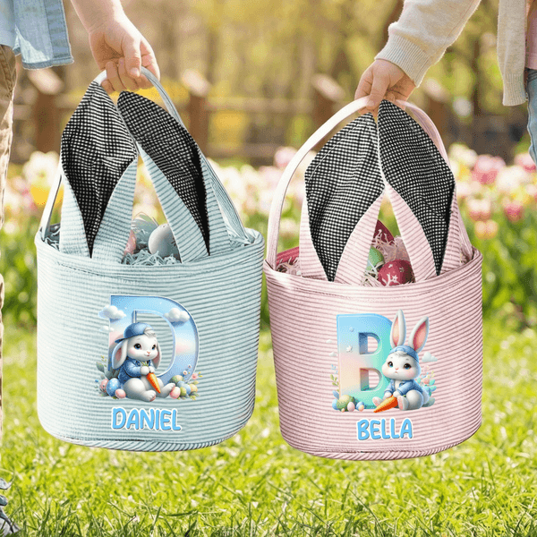 Personalised Cute Bunny Ears Rabbit Name Stripe Easter Basket with Initial Eggs Hunting Party Favor Easter Gift for Kids