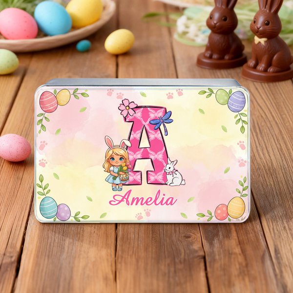 Personalized Cartoon Bunny Ears Kid Character Tin Storage Box with Initial and Name Daily Use Easter Gift for Boys Girls