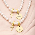 Personalized Cross Design Pearl Necklace with Name Dainty Jewellery Baptism Day Birthday Anniversary Gift for Girls Kids