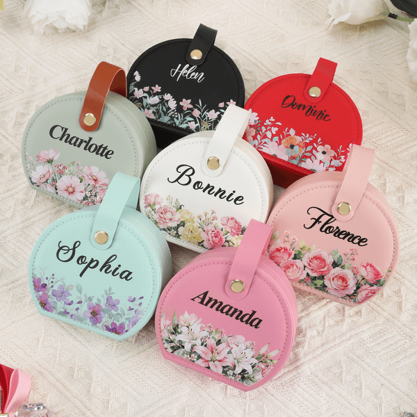 Personalised Birth Flower Portable PU Leather Hand-Held Jewellery Case with Name Birthday Wedding Gift for Women Bridesmaids