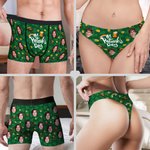Personalised Funny Face Photos Clover Breathable Couple Thong Boxer Underwear Anniversary Saint Patrick's Day Gift for Him Her