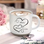 Personalized Double Hearts 12 oz Ceramic Coffee Mug with Engraved Name and Date Valentine's Day Birthday Anniversary Gift for Couples