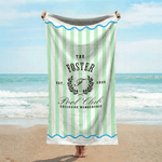 Serviette de plage à rayures personnalisée avec adhésion exclusive au club de piscine et nom - Cadeau vacances d'été pour la famille