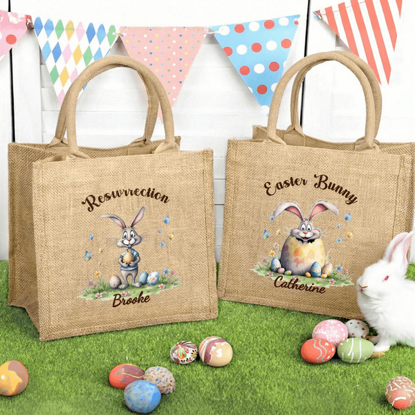 Personalised Happy Easter Bunny Large Jute Tote Bag with Name and Text Easter Party Gift for Boys Girls