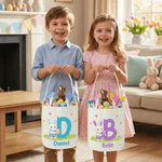 Personalised Cute Bunny Ears Name Easter Basket with Initial Eggs Hunting Party Favor Easter Gift for Boys Girls