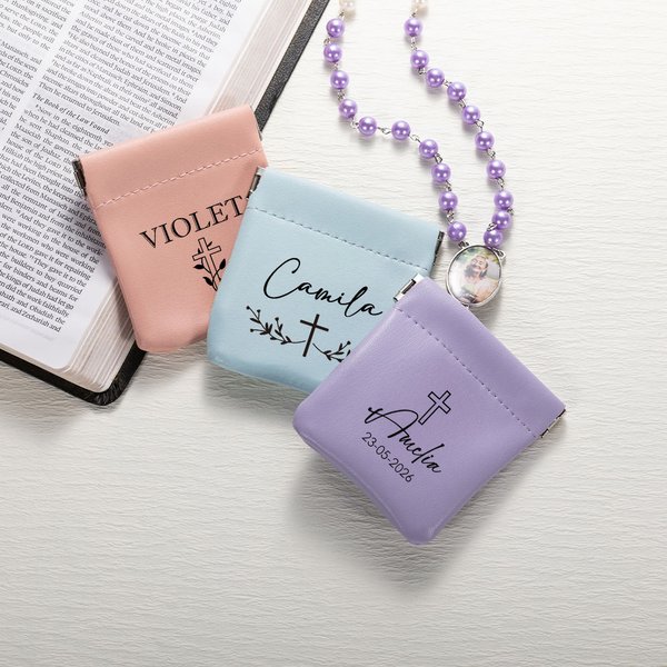 Croce personalizzata Nome artistico Sacchetto per rosario in pelle PU Borsa di stoccaggio Comunione Battesimo Regalo religioso per cristiani