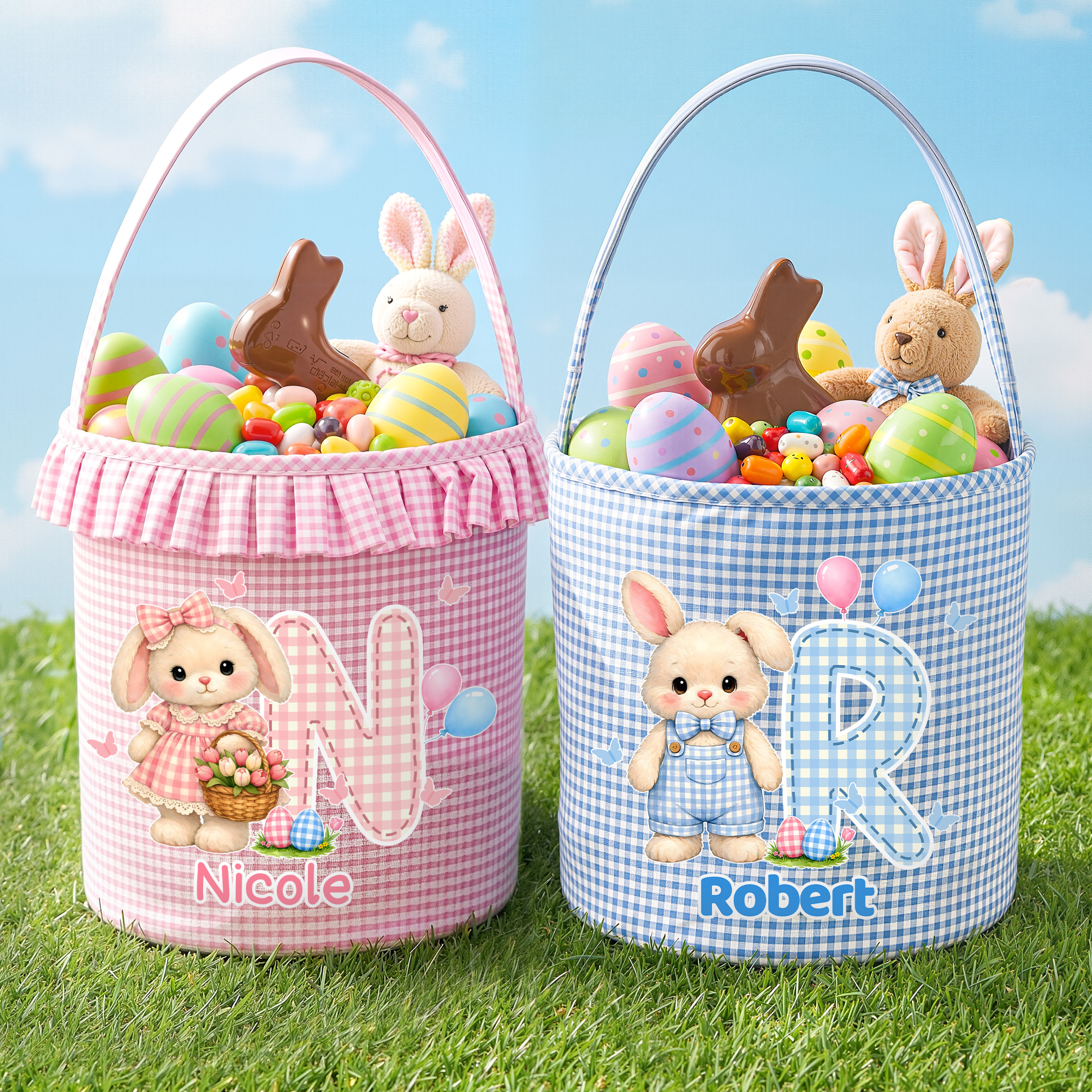 Personalisierte Cute Bunny Plaid Osterkorb mit Namen Initial und Rüschen Eier Jagd Partei Ostergeschenk für Kinder