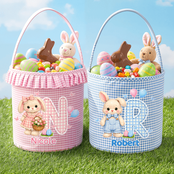 Personalised Cute Bunny Plaid Easter Basket with Name Initial and Ruffles Eggs Hunting Party Easter Gift for Kids