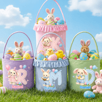 Personalised Cute Bunny Plaid Easter Basket with Name Initial and Ruffles Eggs Hunting Party Easter Gift for Kids