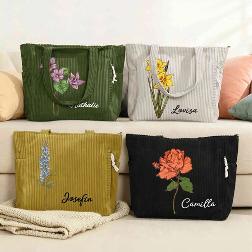 Personlig tote bag i manchester med månadsblomma och namn perfekt för vardagsbruk och som födelsedagspresent till kvinna