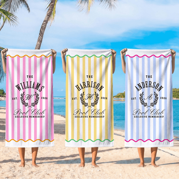 Gepersonaliseerd Gestreept Zwembad Club Exclusief Lidmaatschap Sneldrogend Strandlaken met Naam Zomer Vakantie Feest Verjaardagscadeau voor Familie