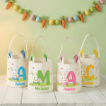 Personalised Cute Bunny Ears Name Easter Basket with Initial Eggs Hunting Party Favor Easter Gift for Boys Girls