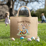 Personalised Happy Easter Bunny Large Jute Tote Bag with Name and Text Easter Party Gift for Boys Girls