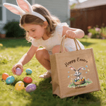 Personalised Happy Easter Bunny Large Jute Tote Bag with Name and Text Easter Party Gift for Boys Girls