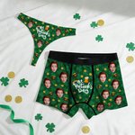 Personalised Funny Face Photos Clover Breathable Couple Thong Boxer Underwear Anniversary Saint Patrick's Day Gift for Him Her