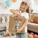 Personalised Happy Easter Bunny Large Jute Tote Bag with Name and Text Easter Party Gift for Boys Girls