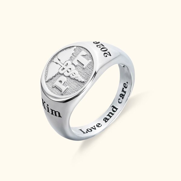 Personalized Medical Symbol RN LPN Caduceus Nurse Ring with Engraved Text Sterling Silver 925 Jewellery Graduation Gift for Nurse Doctor Medical Staff